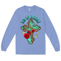 Colony Blue he is risen cross with roses Long Sleeve Tee - BarkalooDesign