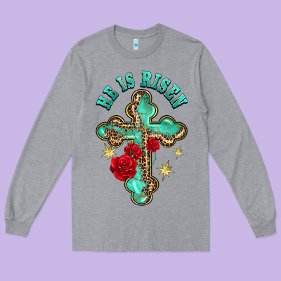 He Is Risen Cross With Roses Long Sleeve Tee Designed By Barkaloodesign