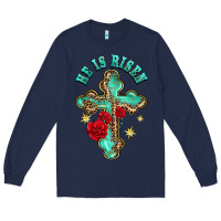 Navy he is risen cross with roses Long Sleeve Tee - BarkalooDesign