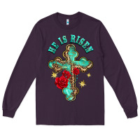 Plum he is risen cross with roses Long Sleeve Tee - BarkalooDesign