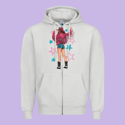 Zipper Hoodie western pink with stars and cowgirl