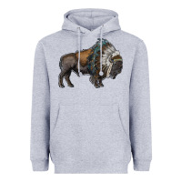 Heather Grey bison with indian headdress Heavyweight Hoodie - RanaPortraitStore