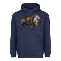 Navy bison with indian headdress Heavyweight Hoodie - RanaPortraitStore