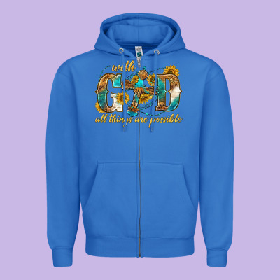 Zipper Hoodie with god all things are possible with cross