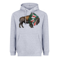 Heather Grey mexican bison with indian headdress Heavyweight Hoodie - RanaPortraitStore