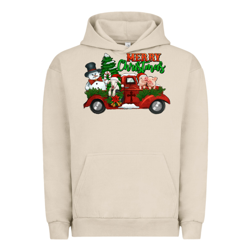 Merry Christmas Snowman And Farm Animals Truck Urban Hoodie by Jasminsmagicworld | Teevron