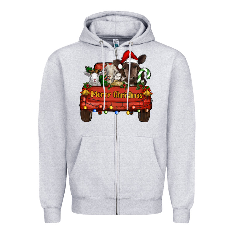 Merry Christmas Truck Farm Animals Zipper Hoodie by RanaPortraitStore | Teevron