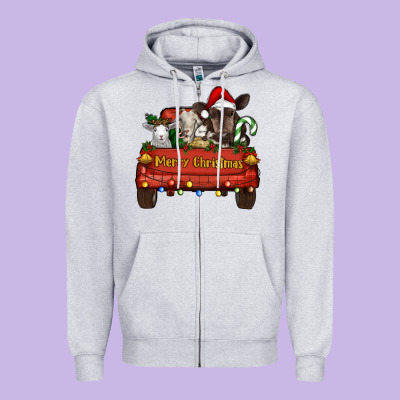 Zipper Hoodie Merry Christmas Truck Farm Animals