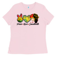 Bubblegum Pink peace love juneteenth Ladies Tee - BarkalooDesign