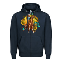 Navy bucking horse with cowboy and sunflower Zipper Hoodie - texasbilliewilder