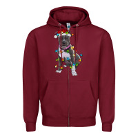 Burgundy Pitbull With Christmas Lights Zipper Hoodie - RanaPortraitStore
