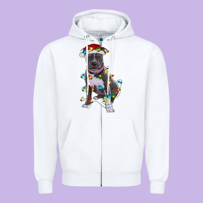 Zipper Hoodie Pitbull With Christmas Lights