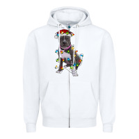 White Pitbull With Christmas Lights Zipper Hoodie - RanaPortraitStore