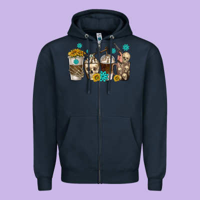 Zipper Hoodie coffee cups bull skull with gemstones