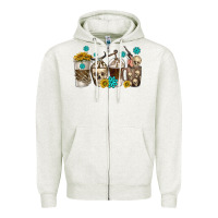 Oatmeal Heather coffee cups bull skull with gemstones Zipper Hoodie - texasbilliewilder
