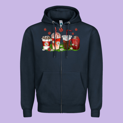 Zipper Hoodie coffee cups lady bug with daisies