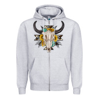 Heather Grey cow aztec western bull skull Zipper Hoodie - texasbilliewilder