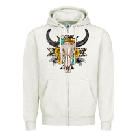 Oatmeal Heather cow aztec western bull skull Zipper Hoodie - texasbilliewilder