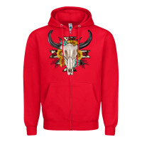Red cow aztec western bull skull Zipper Hoodie - texasbilliewilder
