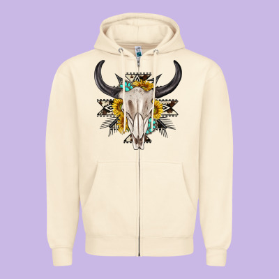 Zipper Hoodie cow aztec western bull skull