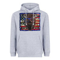 Heather Grey bison with american flag and glasses Heavyweight Hoodie - RanaPortraitStore
