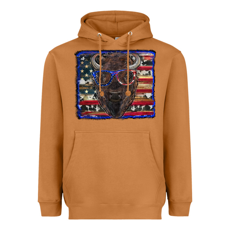 Bison With American Flag And Glasses Heavyweight Hoodie by RanaPortraitStore | Teevron