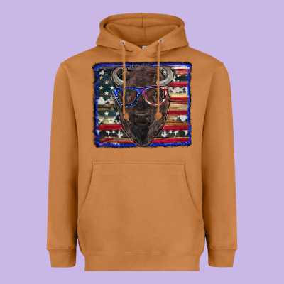 Bison With American Flag And Glasses Heavyweight Hoodie Designed By Ranaportraitstore