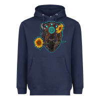 Navy bison head with sunflowers and gemstone Heavyweight Hoodie - RanaPortraitStore