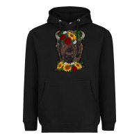 Black bison face with flowers Heavyweight Hoodie - RanaPortraitStore