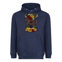 Navy bison face with flowers Heavyweight Hoodie - RanaPortraitStore