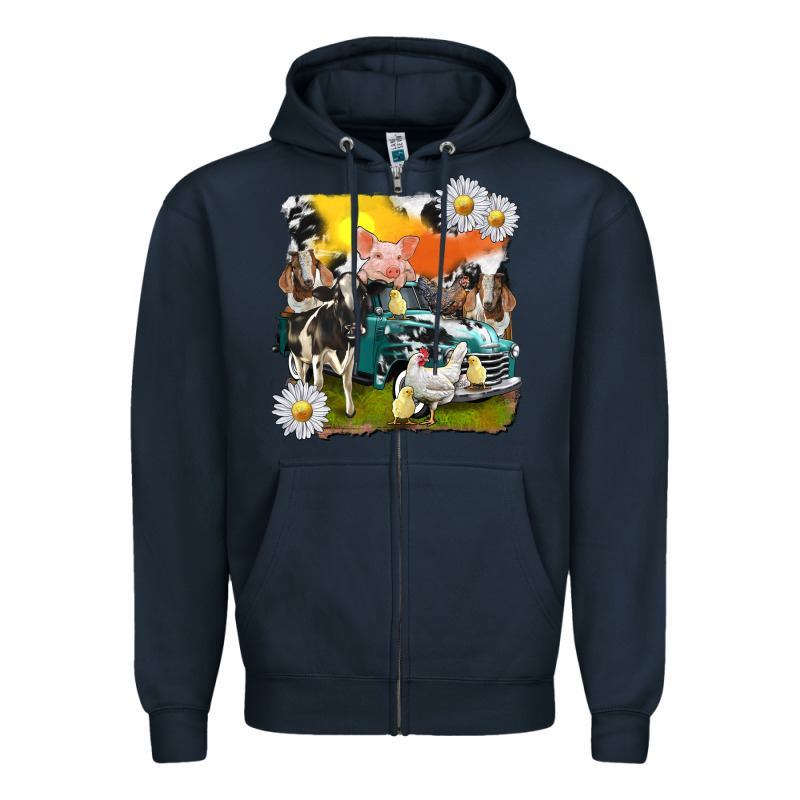 Cowhide Farm Truck With Farm Animals Zipper Hoodie by texasbilliewilder | Teevron