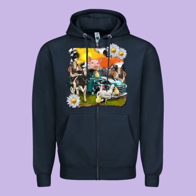 Zipper Hoodie cowhide farm truck with farm animals