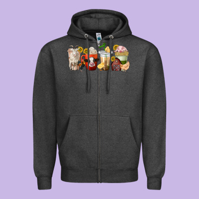Zipper Hoodie farm animals coffee cups