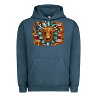 Pigment Midnight Navy american flag sunflowers highland cow turquoise background Urban Hoodie - Jasminsmagicworld