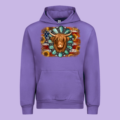 American Flag Sunflowers Highland Cow Turquoise Background Urban Hoodie Designed By Jasminsmagicworld