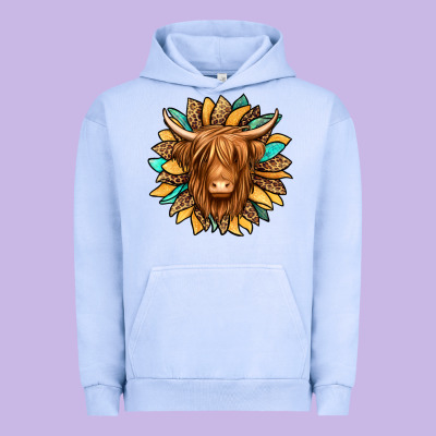 Highland Cow Turquoise Sunflower Urban Hoodie Designed By Jasminsmagicworld