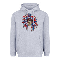 Heather Grey american flag indian headdress with skull Heavyweight Hoodie - RanaPortraitStore