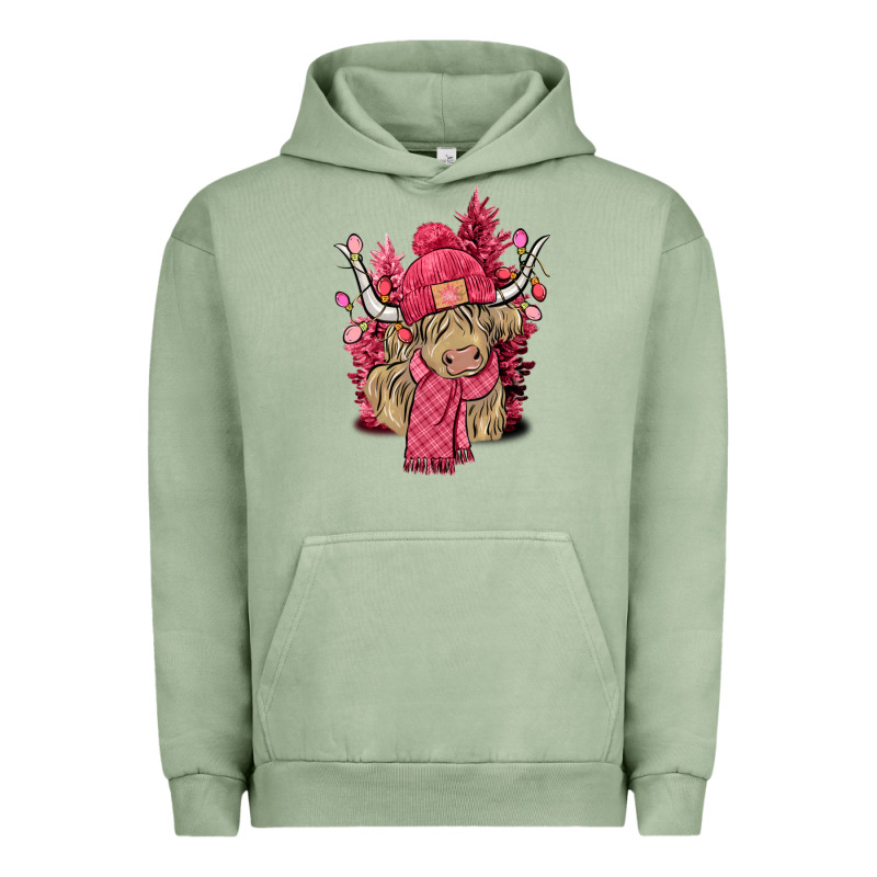 Pink Winter Long Haired Cow Urban Hoodie by NancyCooperArtShop | Teevron