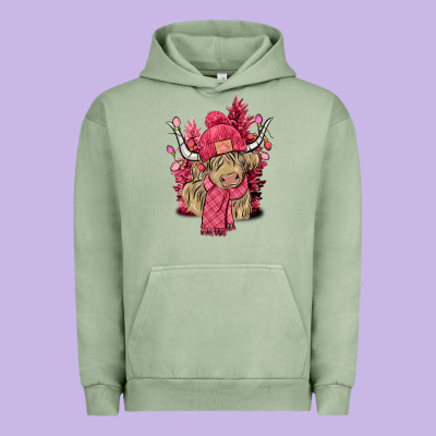 Pink Winter Long Haired Cow Urban Hoodie Designed By Nancycooperartshop