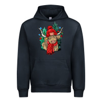 Navy Red Christmas long haired Cow Urban Hoodie - NancyCooperArtShop