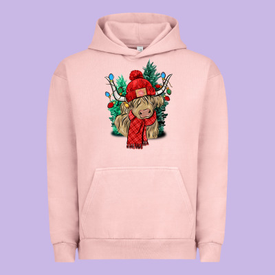 Red Christmas Long Haired Cow Urban Hoodie Designed By Nancycooperartshop