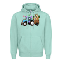 Seafoam Happy Easter Tractor with Bunny Flowers and Carrot Zipper Hoodie - RanaPortraitStore