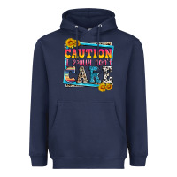 Navy caution i really don't care Heavyweight Hoodie - Zillion Design Studio