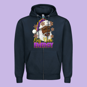 Big Nick Energy Purple And Gold Afro Santa Zipper Hoodie Designed By Ranaportraitstore