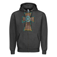 Charcoal Heather Wood Turquoise Gemstone Cross Zipper Hoodie - RanaPortraitStore