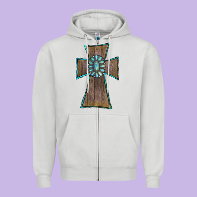 Zipper Hoodie Wood Turquoise Gemstone Cross