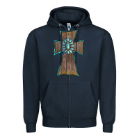 Navy Wood Turquoise Gemstone Cross Zipper Hoodie - RanaPortraitStore