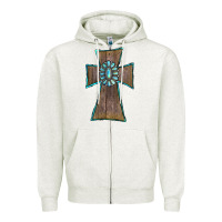 Oatmeal Heather Wood Turquoise Gemstone Cross Zipper Hoodie - RanaPortraitStore