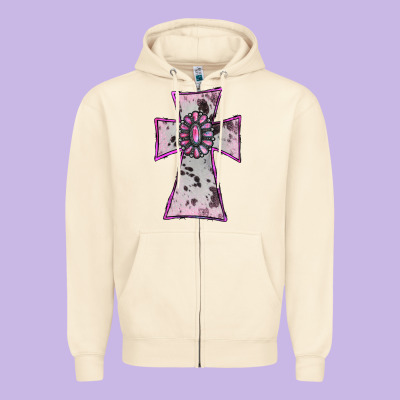 Zipper Hoodie Cowhide Pink Gemstone Cross