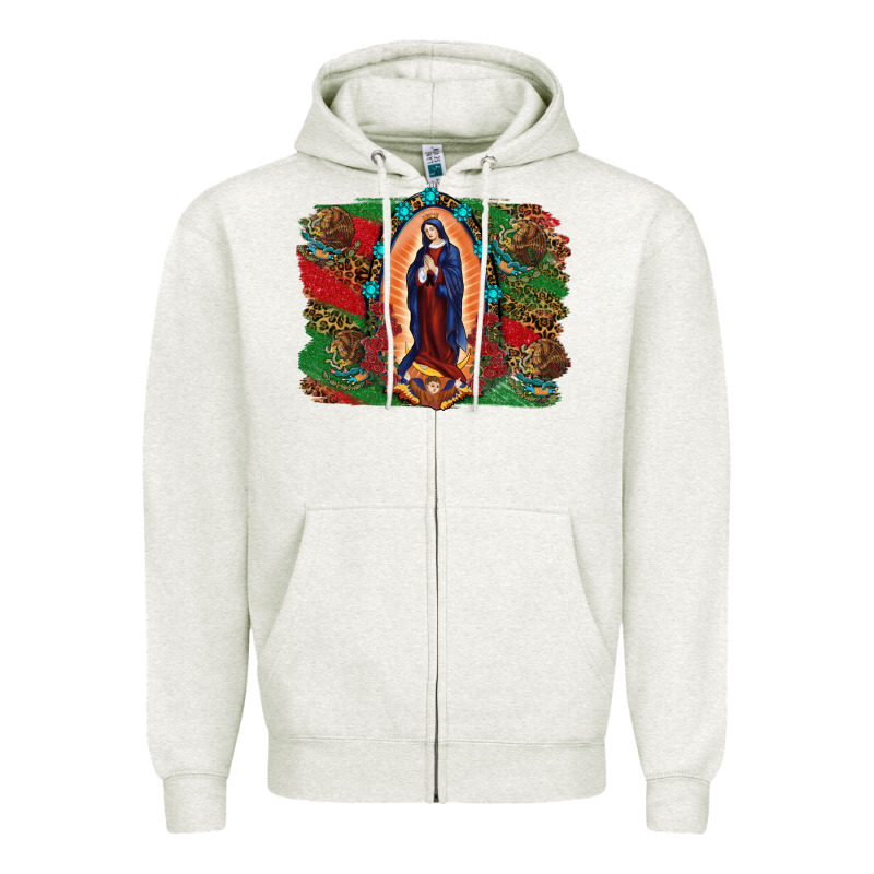 Mexican Flag Lady Of Guadalupe Distressed Backgrou Zipper Hoodie by RanaPortraitStore | Teevron